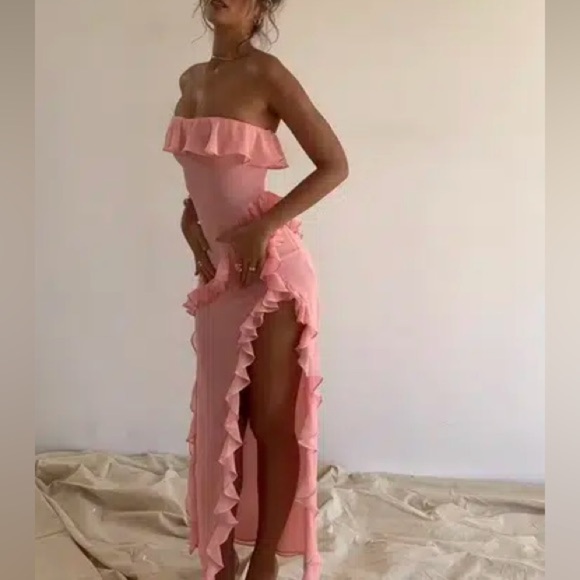 NWT HOUSE OF CB Sarina strapless maxi ruffle maxi dress bright peach XL - Picture 2 of 10